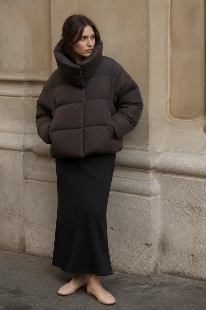 A woman wearing a chunky puffer jacket with delicate ballet flats; the shoes look too thin for the jacket’s weight in a street photo.