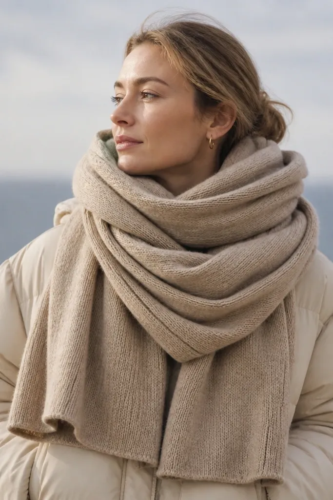 A woman wearing a thick scarf wrapped multiple times on top of a puffer; the scarf dominates the chest area and hides the jacket opening.