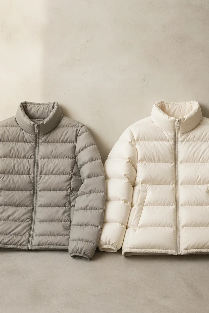 A puffer jacket that looks slightly flattened compared to a fluffier one next to it; the quilt channels look less airy under indoor lighting.