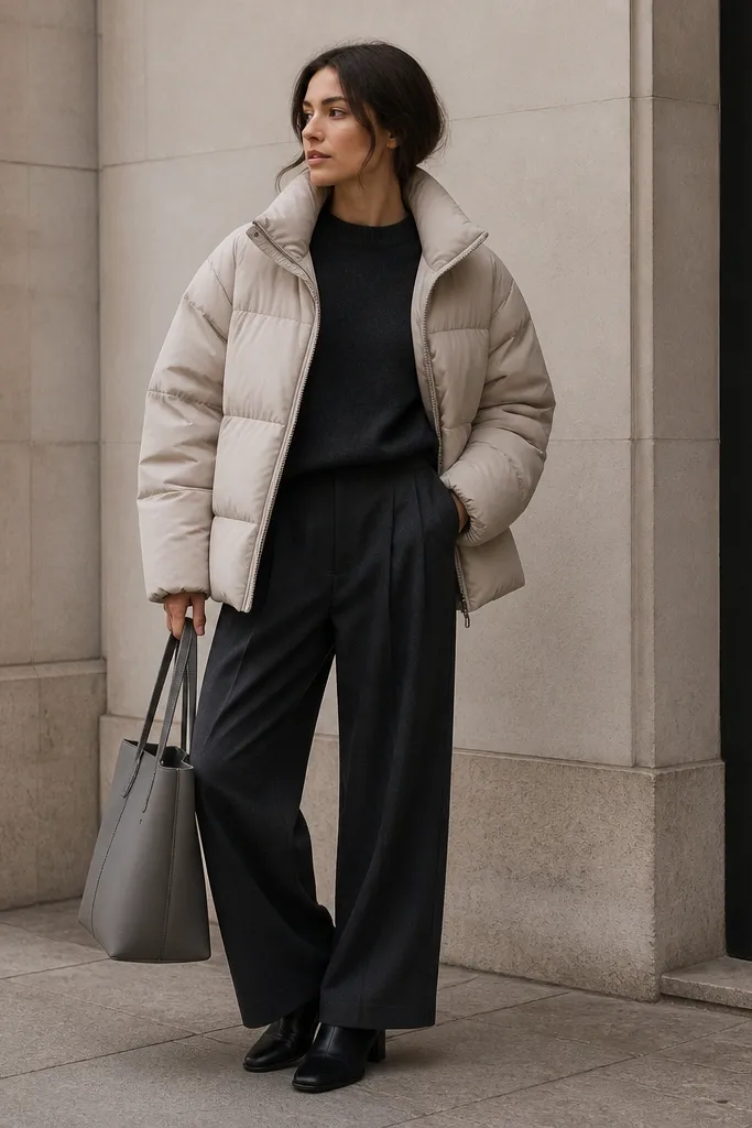 A light stone oversized puffer drapes over a dark charcoal crewneck sweater and matching wide-leg trousers. The look is completed with black leather ankle boots and a structured gray tote.