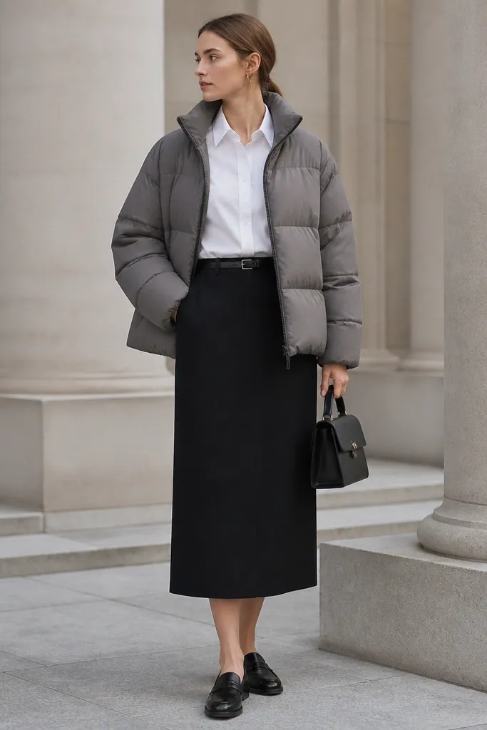A medium-gray puffer over a crisp white button-down tucked into a black straight midi skirt. Styling includes a thin black belt, black loafers, and a compact structured bag.