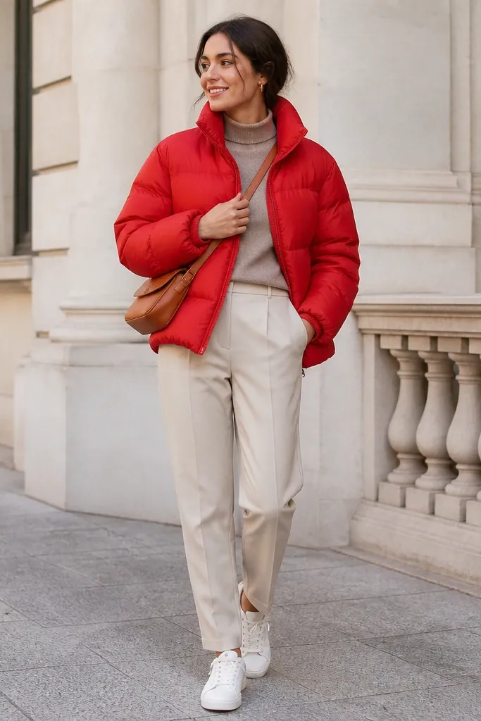 A bright red puffer jacket worn over a taupe turtleneck and beige tailored trousers. The outfit is paired with white sneakers and a tan leather crossbody.
