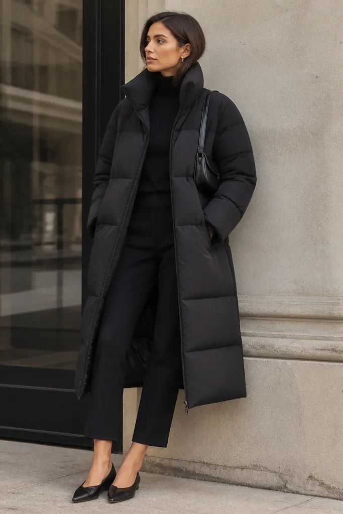 A longline black puffer with a high collar worn over a black mock-neck top and slim cropped trousers. The outfit includes sleek pointed-toe flats and a black mini shoulder bag.