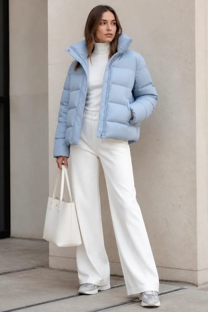 A powder blue puffer jacket worn over a white fitted turtleneck and white wide-leg trousers. The styling includes light gray sneakers and a white structured tote.