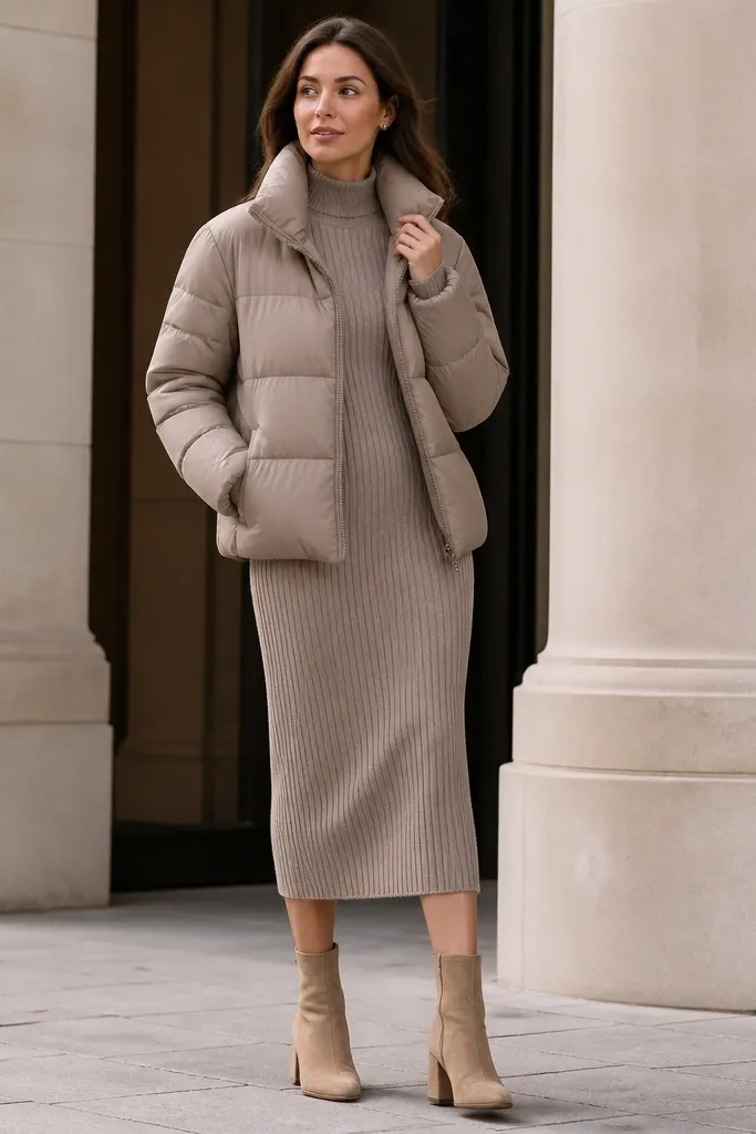 Woman in a taupe hip-length puffer layered over a matching taupe ribbed midi sweater dress; tan ankle boots and a beltless streamlined silhouette are shown.