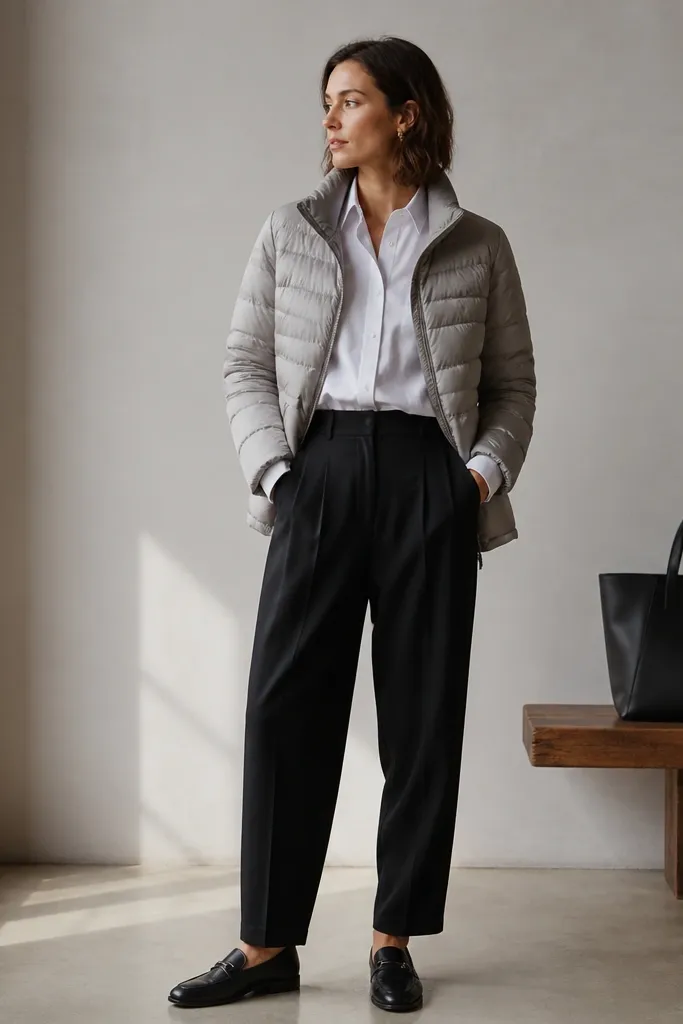 Woman wearing a light gray puffer over a white button-up shirt tucked into black pleated trousers; loafers and a structured tote sit at the side.