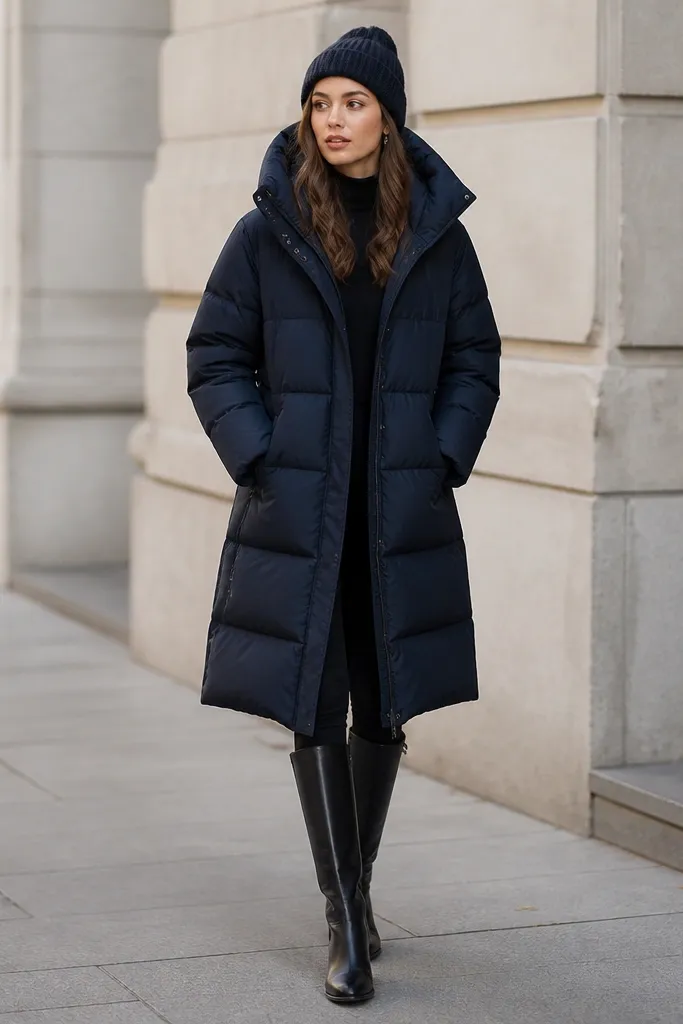 Woman in a deep navy longline puffer styled like a coat, paired with black leggings and knee-high black boots; minimal jewelry and a knit beanie appear.