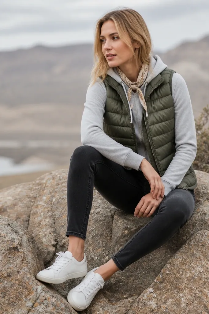 Woman wearing a quilted puffer vest in olive over a heather gray hoodie, with dark skinny jeans and white sneakers; a small scarf is looped at the neck.