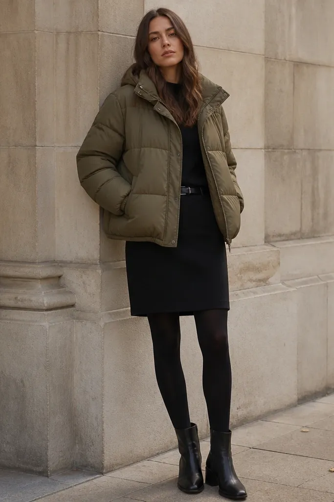 Woman wearing an olive puffer over a black straight skirt and thick opaque tights; black ankle boots and a slim belt-like detail are visible.