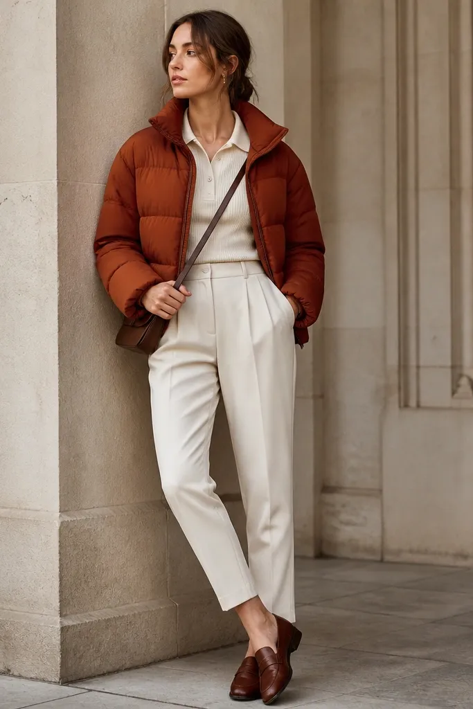 Woman in a rust-brown puffer paired with tapered cream trousers and a knit polo shirt; loafers and a crossbody strap appear in the frame.