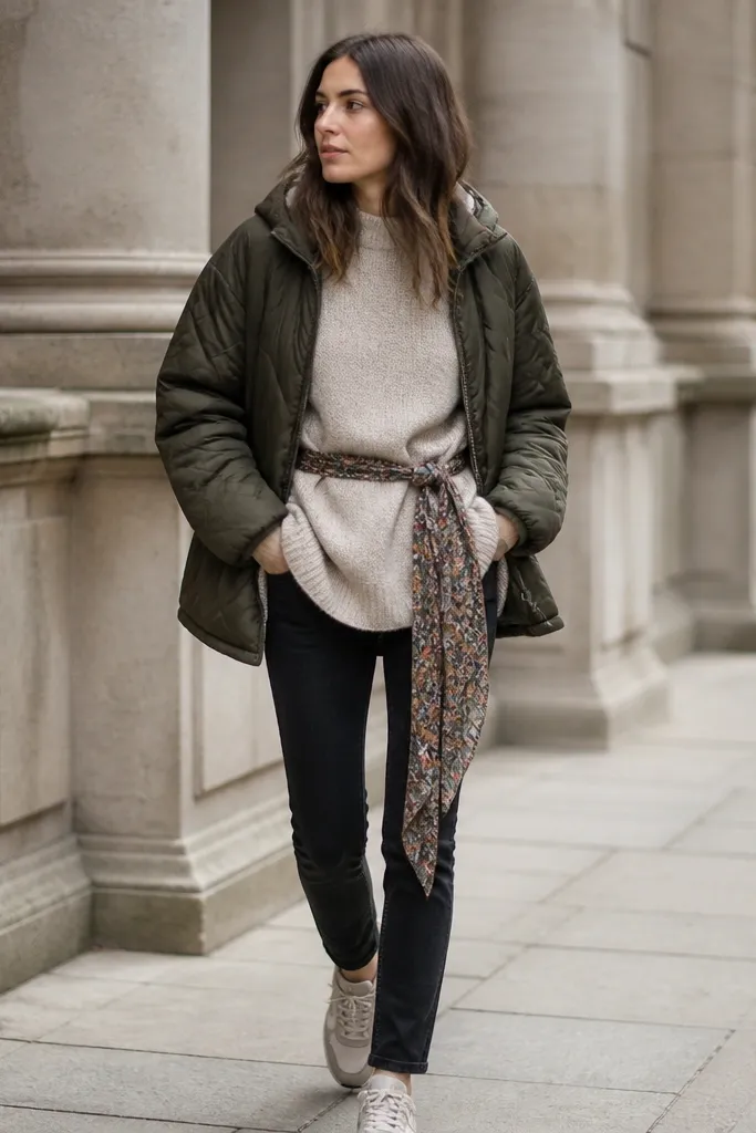 Woman wearing a quilted puffer jacket over an oversized oatmeal sweater, cinched at the waist with a long patterned scarf; black skinny jeans and sneakers are shown.