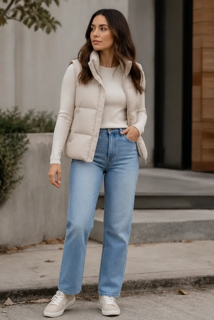 Woman wearing a light beige puffer over a fitted thermal long-sleeve; blue jeans and neutral sneakers; no extra jacket layer is visible.