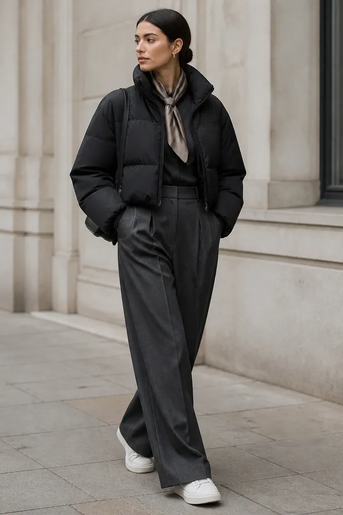 Woman in a black puffer paired with high-waist wide-leg trousers in charcoal, plus a slim satin scarf tucked at the collar; white sneakers and a small shoulder bag are shown.
