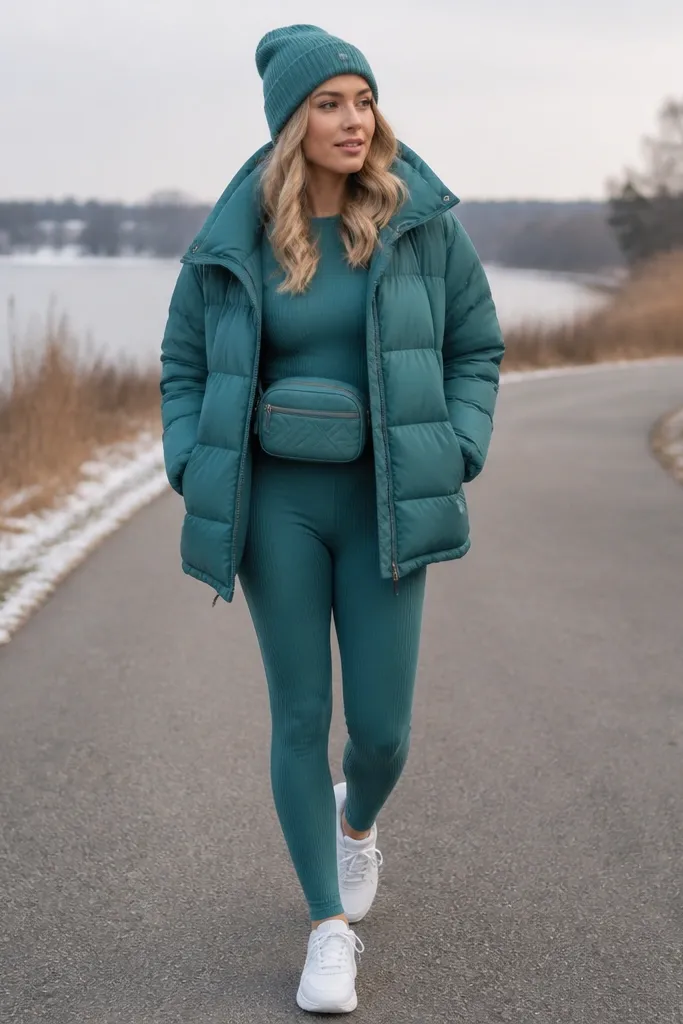 Woman wearing a teal puffer over a matching ribbed knit set (top and leggings) with a belt bag across the waist; white trainers and a beanie are shown.