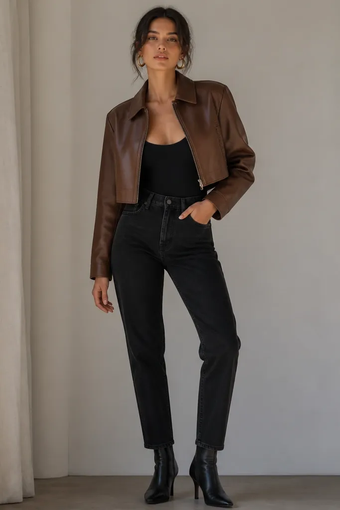 A cropped brown leather jacket layered over a black bodysuit. The pants are high-waisted black jeans, paired with gold hoop earrings and black ankle boots.