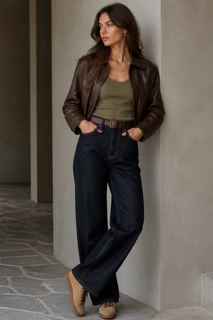 A cropped brown leather jacket over an olive ribbed tank. Relaxed dark denim jeans sit at the natural waist with a matching brown belt. The look is finished with tan suede sneakers.