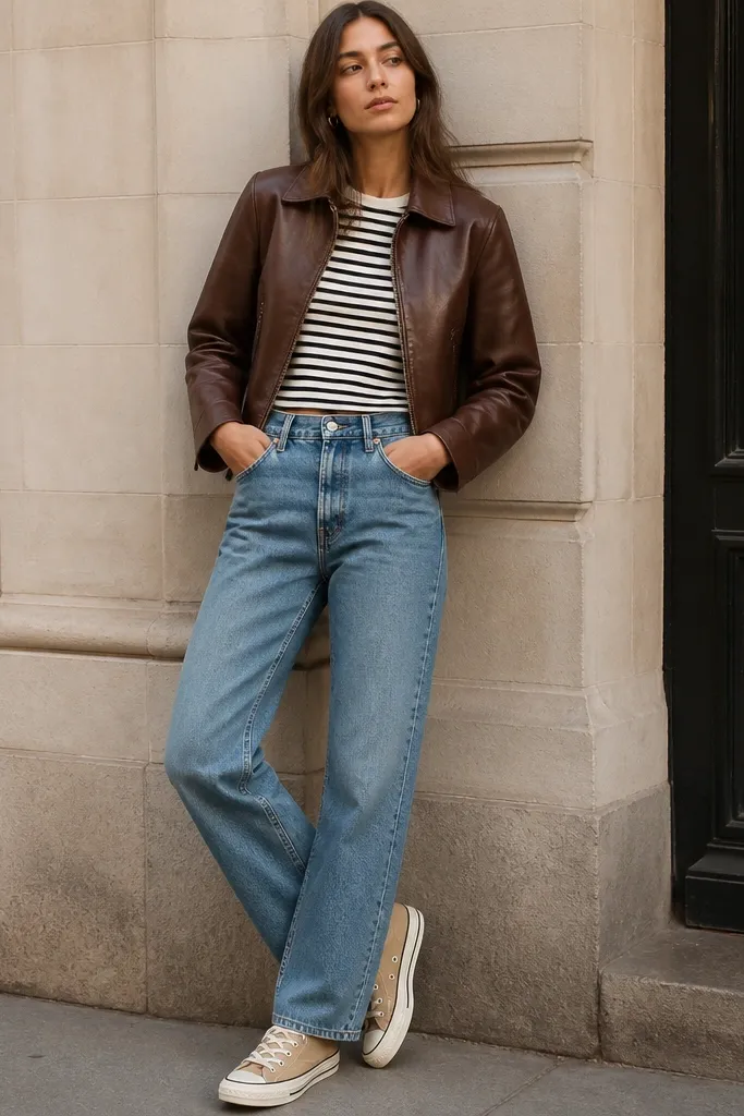 A cropped brown leather jacket over a black-and-white striped tee. Straight-leg jeans in medium wash, plus tan Converse-style sneakers. The jacket hem sits above the waistband.