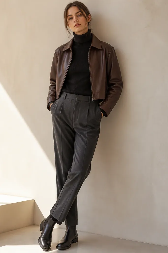A cropped brown leather jacket over a black turtleneck sweater. Charcoal tailored trousers with a straight fit and sleek black Chelsea boots.