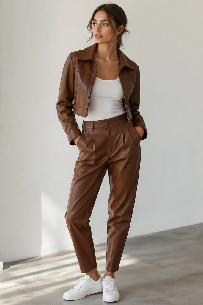 A cropped brown leather jacket layered over a white tank. Cognac or warm brown leather-look pants with a tapered fit. Clean minimalist white sneakers complete the outfit.