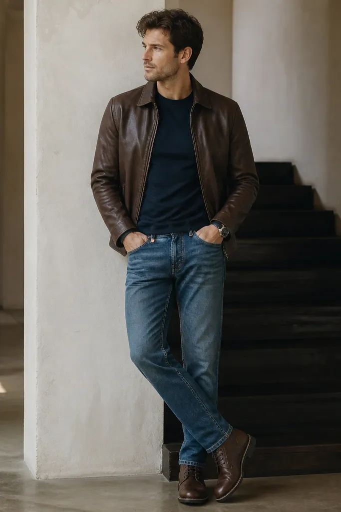 A cropped brown leather jacket over a navy graphic-free tee. Mid-wash jeans with a straight fit and dark brown lace-up work boots. A simple watch sits at the wrist.