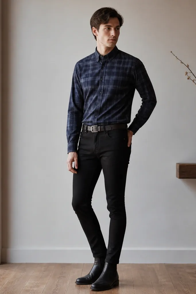 A navy plaid button-up tucked into black skinny pants, worn with a dark leather belt and black Chelsea boots; the collar sits flat and the top button is fastened.