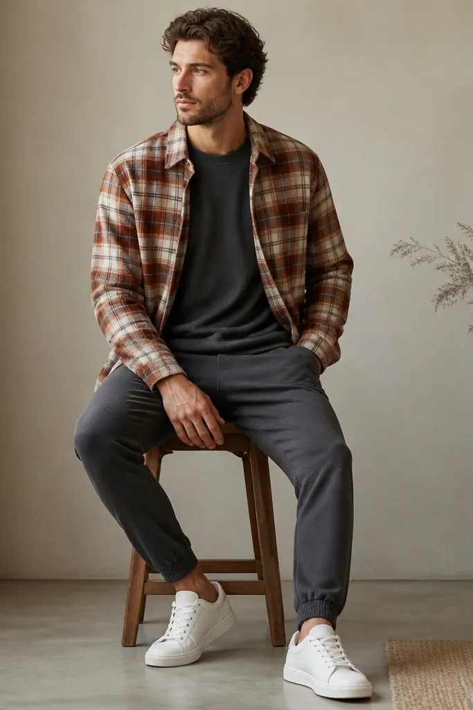 A rust and cream plaid button-up worn open over a charcoal crew-neck sweatshirt, paired with charcoal joggers and clean white sneakers; the cuffs are buttoned at the wrists.