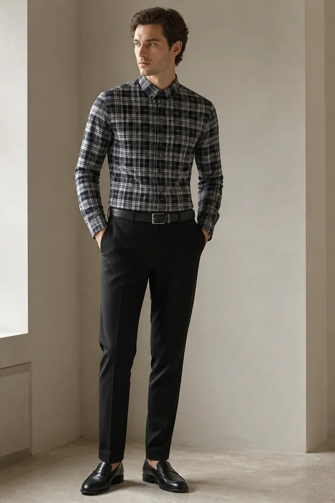 A black-and-white plaid button-up worn fully buttoned with black trousers, black belt, and black leather loafers; the shirt is slightly fitted at the waist.