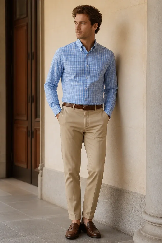 A sky blue plaid button-up tucked into khaki chinos with a brown leather belt, paired with brown loafers; the shirt collar is crisp and sleeves are unrolled.