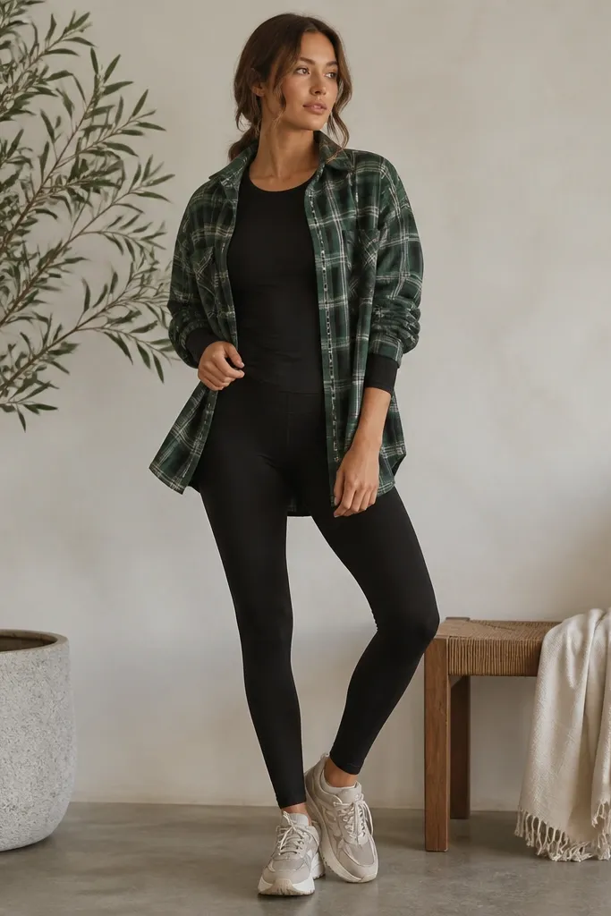 A green plaid button-up worn as an open layer over black leggings, with a fitted black long-sleeve top underneath; chunky neutral sneakers complete the look.