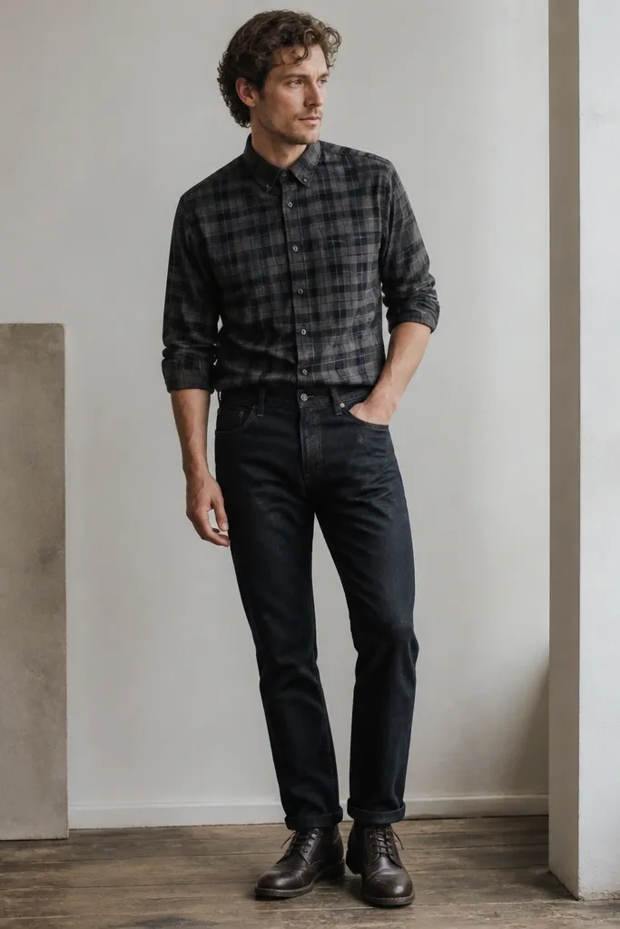 A charcoal plaid button-up worn half-tucked into straight-leg dark jeans, with dark brown leather lace-up boots; the shirt sleeves are rolled and the top button is fastened.