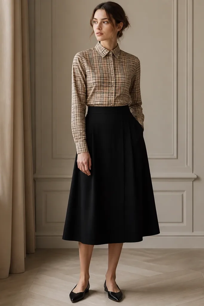 A beige plaid button-up tucked into a black midi skirt, worn with pointed-toe flats; the shirt is buttoned and the hem is neat at the waistband.