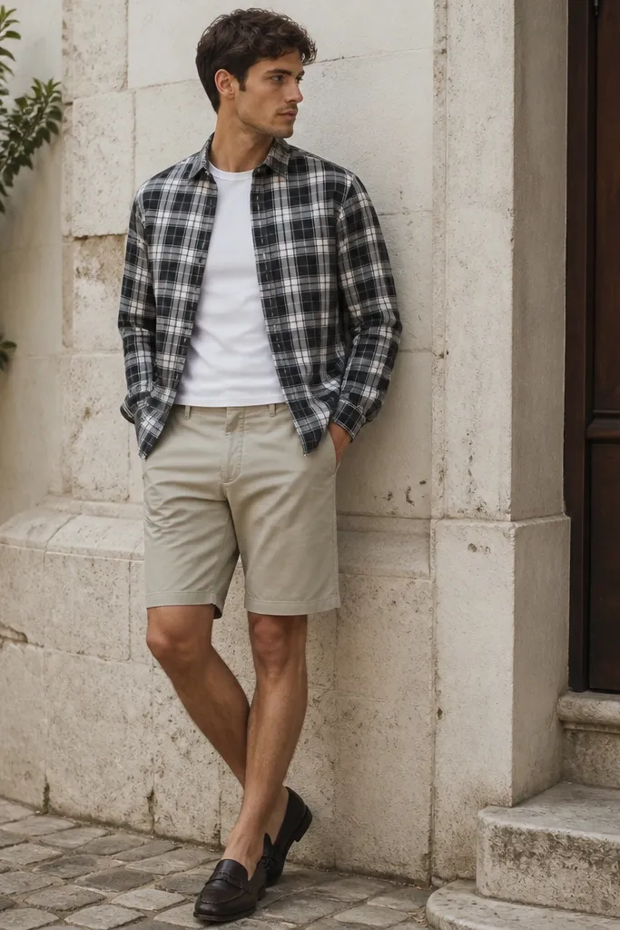 A monochrome plaid button-up worn open over a fitted white tee, paired with straight chino shorts and dark loafers; the shirt hem sits just above the shorts.