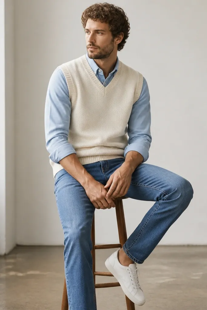 A cream sweater vest over a light blue chambray button-up, sleeves rolled once. The outfit is paired with medium-wash jeans and white low-top sneakers.