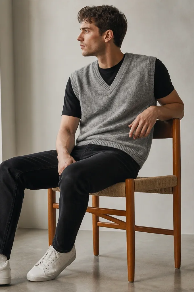 A heather gray knit sweater vest worn over a fitted black crewneck tee. The look is styled with black jeans and clean white sneakers.