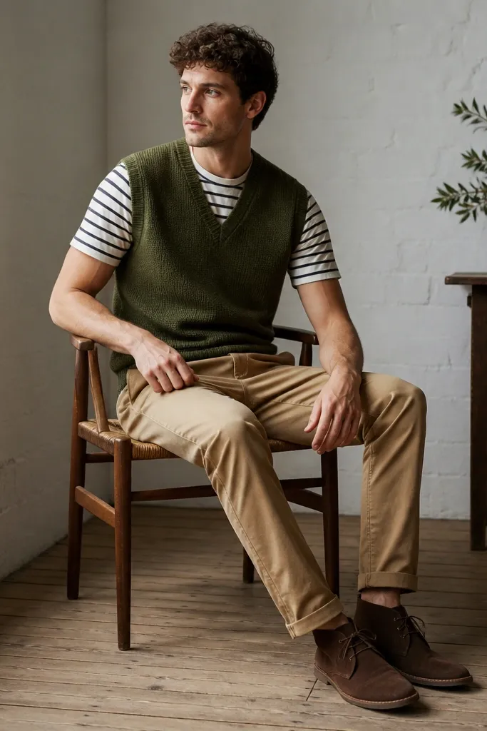 An olive green sweater vest over a white-and-navy striped crewneck tee. The outfit includes tan chinos and brown suede desert boots.