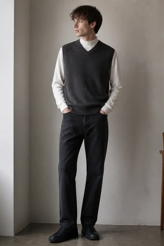 A charcoal sweater vest layered over a white mock-neck long sleeve shirt. The wearer is in dark straight-leg jeans and minimalist black sneakers.