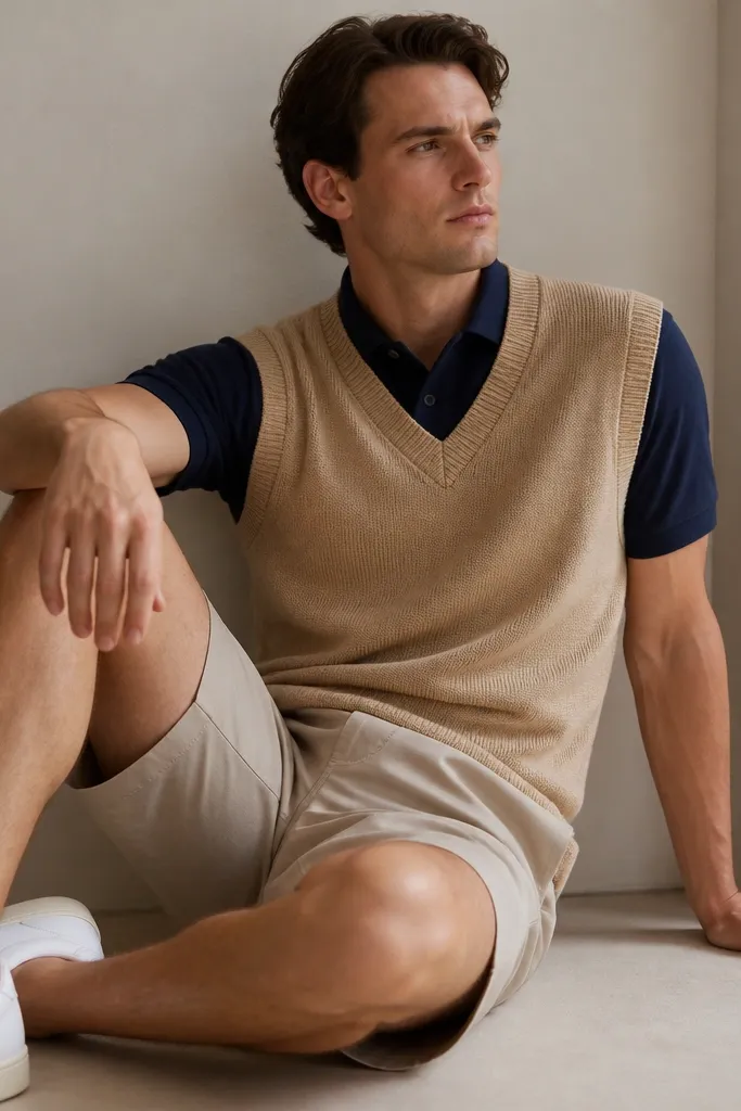 A tan knit sweater vest over a navy polo shirt with the collar visible. The outfit is paired with light khaki shorts and white sneakers.