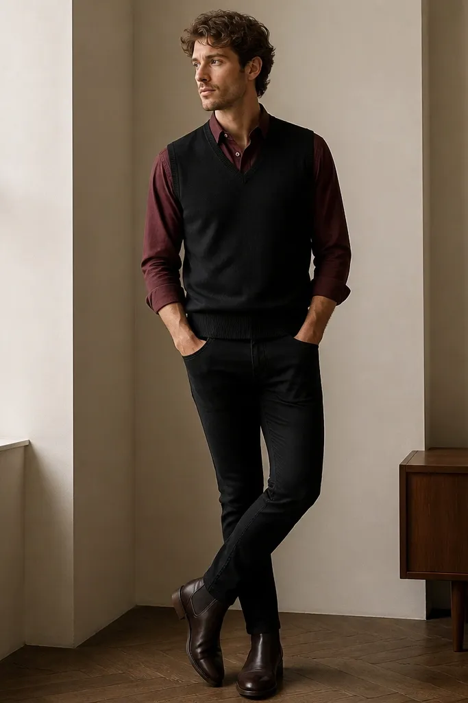 A black sweater vest layered over a burgundy button-down shirt. The outfit includes black slim-fit jeans and dark brown Chelsea boots.