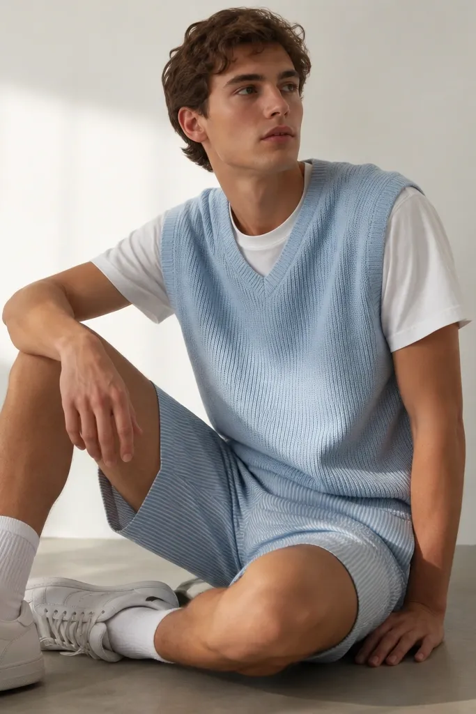 A light blue sweater vest over a white crewneck tee. The wearer is in white-and-blue striped shorts or light wash jeans with white sneakers.