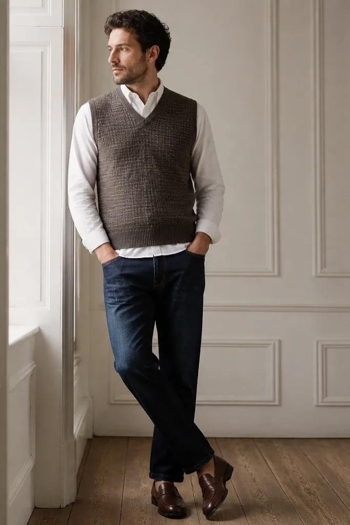 A subtle patterned sweater vest (small check or micro-stripe) over a plain white button-down. The outfit includes dark jeans and brown loafers.