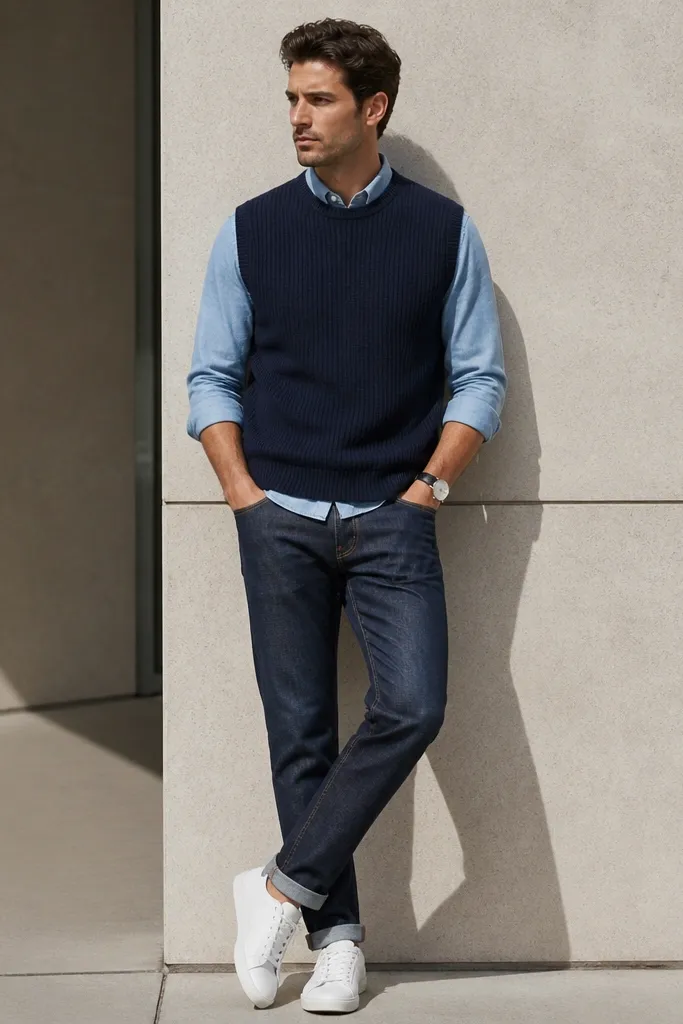 A ribbed sweater vest over a light denim shirt with sleeves rolled, worn with indigo jeans. The shoes are white sneakers and there’s a simple watch on the wrist.