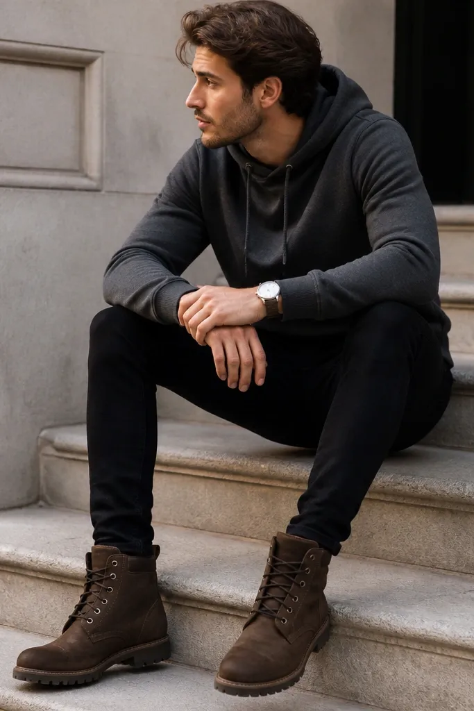 Dark brown Timberland boots paired with black skinny jeans and a charcoal hoodie; the hoodie hem sits at the waistband, with a simple silver watch visible.