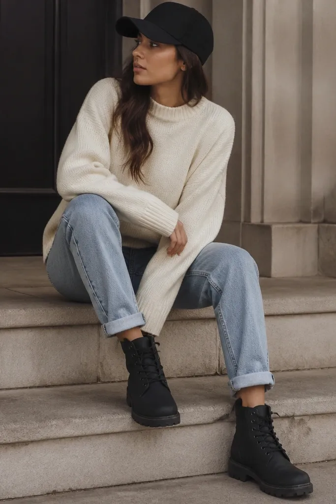 Black Timberland boots with light blue dad jeans rolled once at the hem, a cream knit sweater, and a black baseball cap.