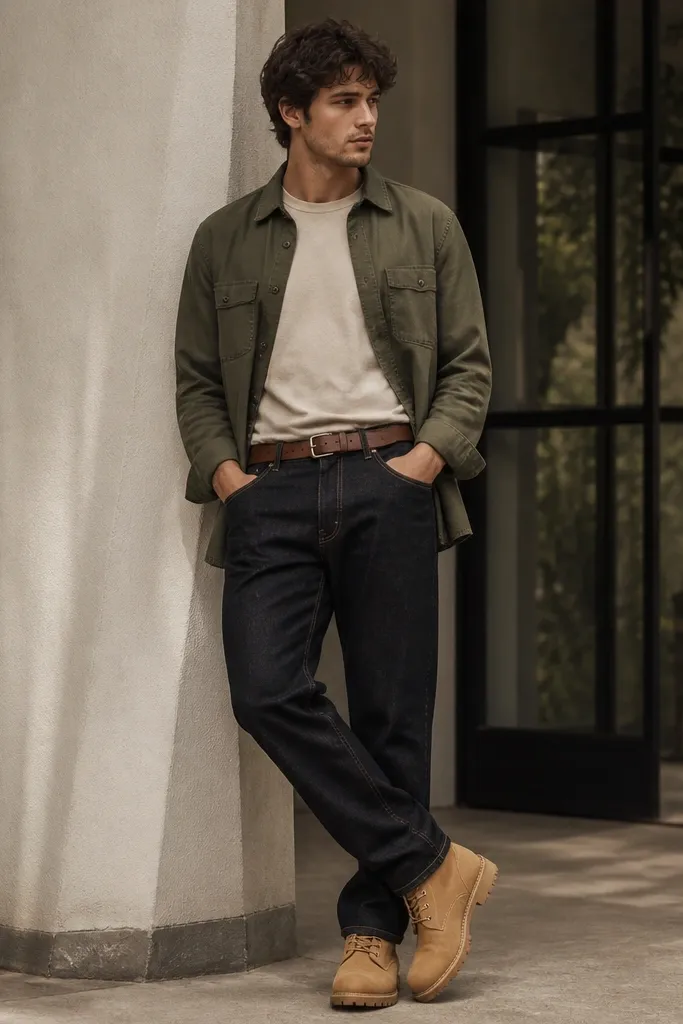 Wheat Timberland boots under dark straight jeans, an olive overshirt worn open over a neutral tee, and a brown belt with a minimal buckle.
