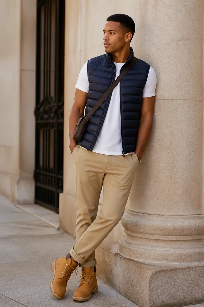Tan chinos with wheat Timberland boots, a navy puffer vest over a white tee, and a simple crossbody bag in dark brown.