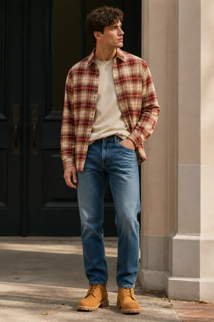 Wheat Timberlands with straight jeans, a red-and-cream plaid flannel worn over a solid tee, and the flannel hem half-tucked at the front.