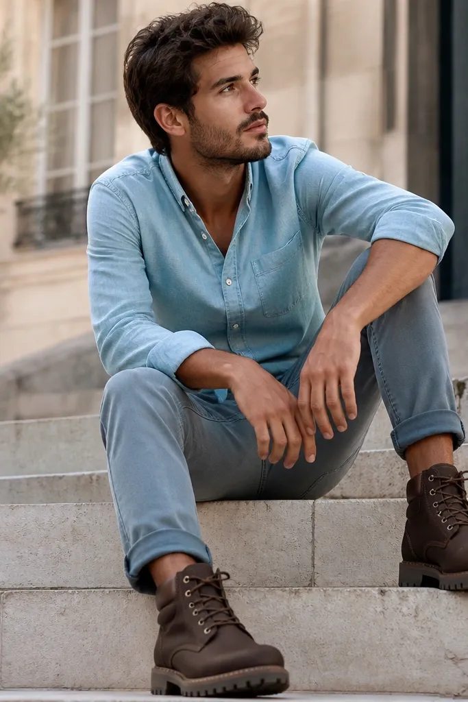 Dark brown Timberland boots with medium-wash chinos, a light blue chambray button-down worn slightly open, and rolled sleeves.