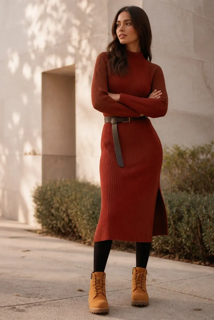 Wheat Timberland boots under a ribbed knit midi dress in olive or rust, with opaque black tights and a simple belt at the waist.