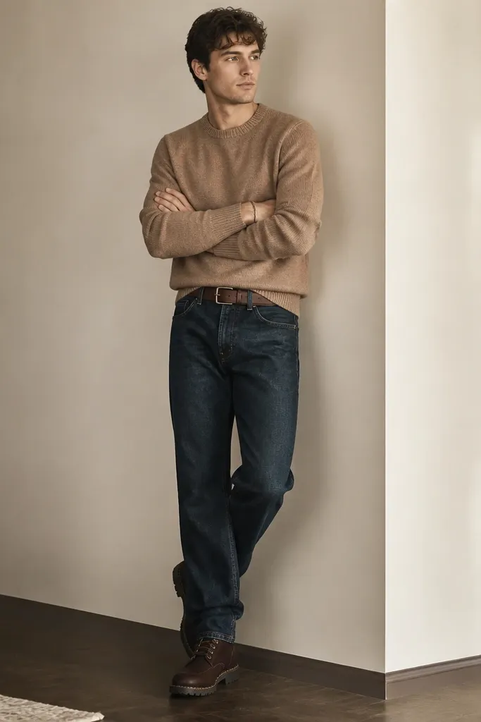 Dark brown Timberlands with straight leg jeans and a camel crewneck sweater, plus a brown leather belt and minimal jewelry.