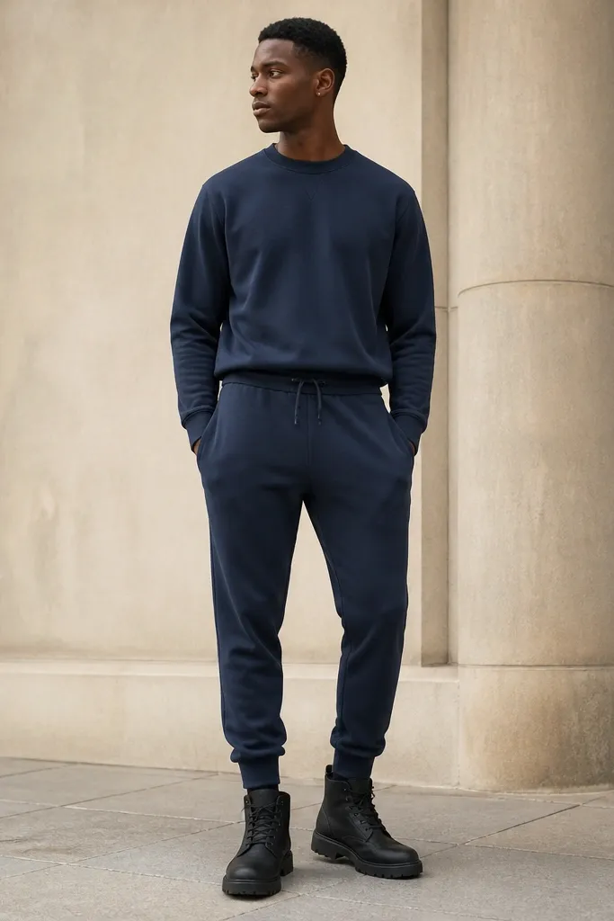 Black Timberland boots with navy joggers cuffed at the ankle and a matching navy sweatshirt; the sweatshirt is tucked into the joggers.